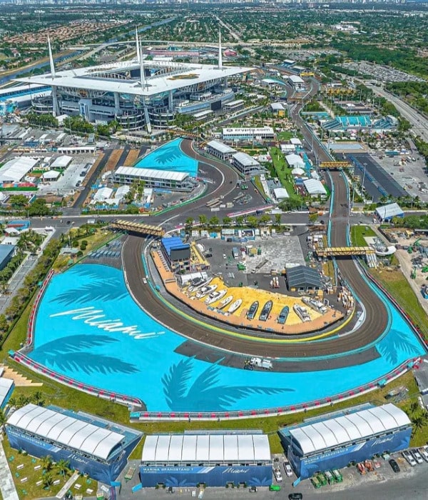 Helicopter view of F1 track in Miami